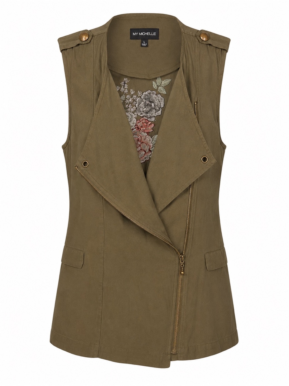 My Michelle Olive Green Utility Vest with Embroidered Back